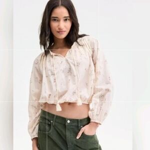 Lucky Brand Embroidered Peasant Women's Long Sleeve Floral Print Top Size Large